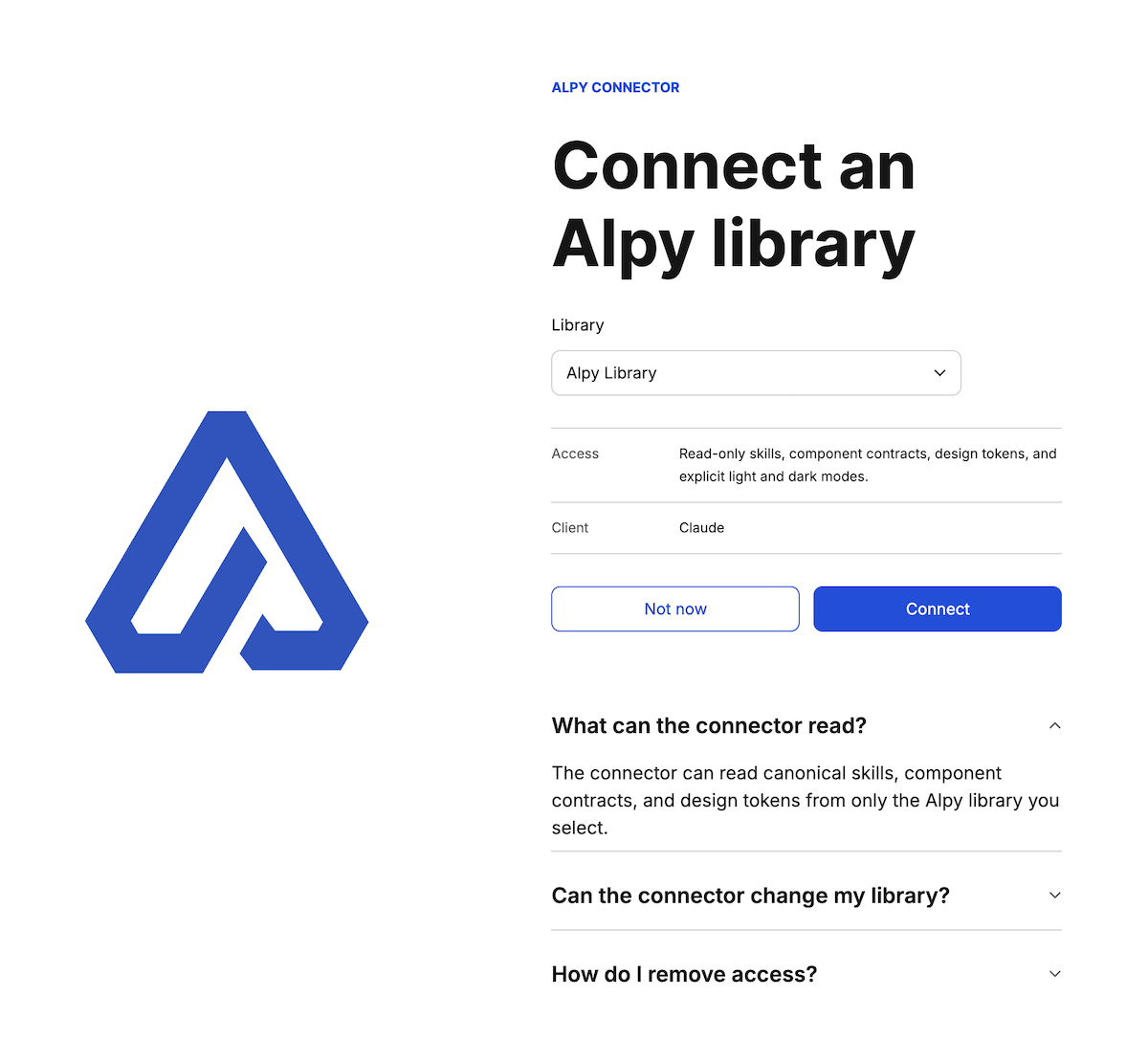 Alpy authorization page with library selection and Connect action