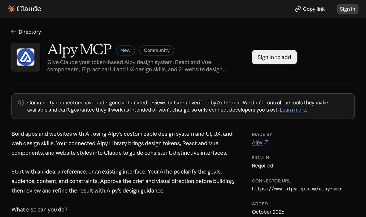 Alpy MCP listing in the Claude directory with the Sign in to add action