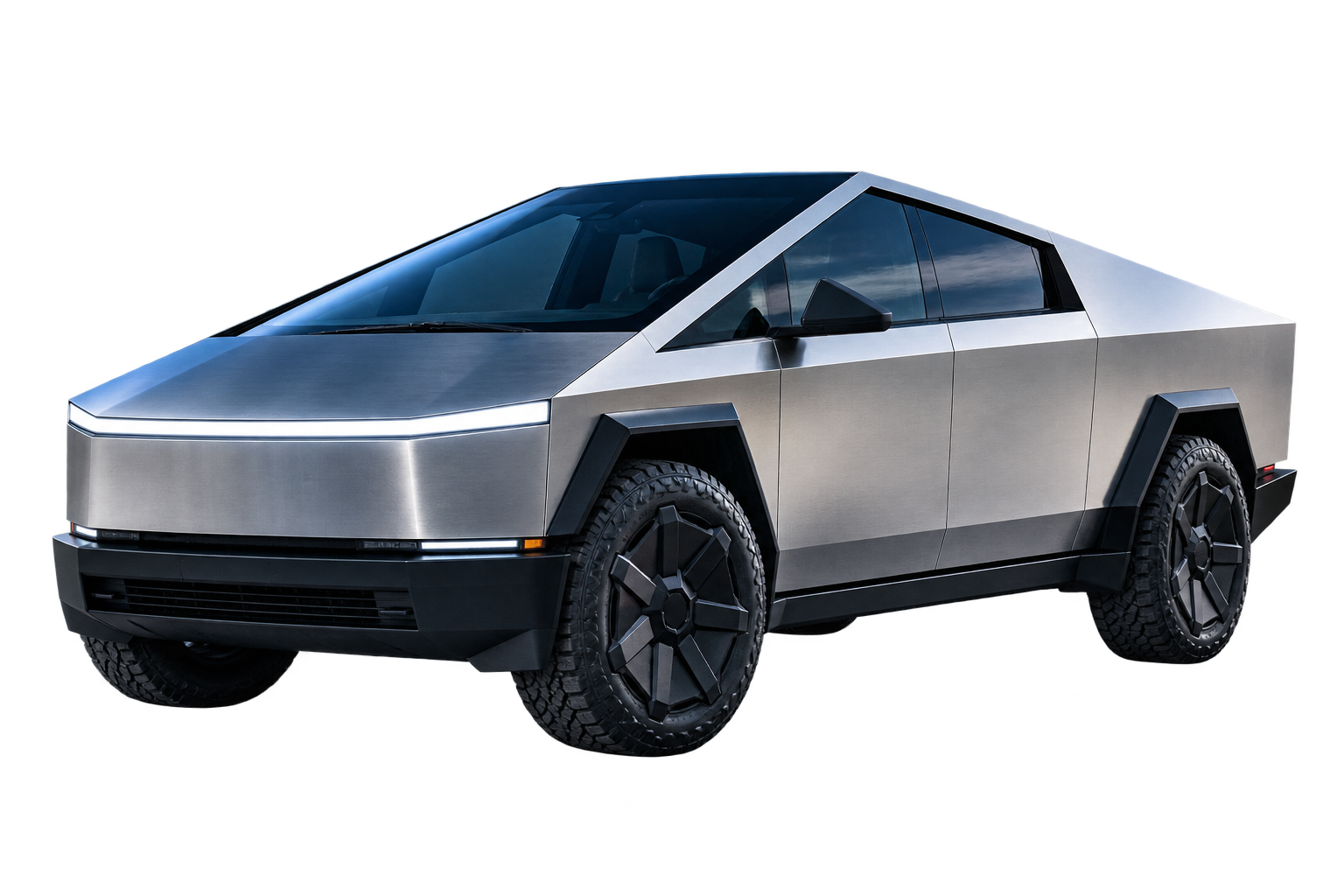 Cybertruck’s sharply geometric stainless-steel body, viewed from the front