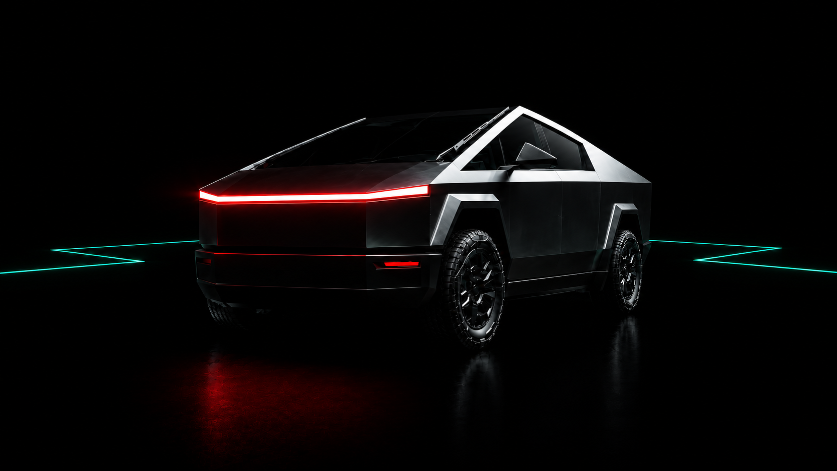Cybertruck with red vehicle lights, green angular tracks behind it, and a red reflection fading into a seamless black floor