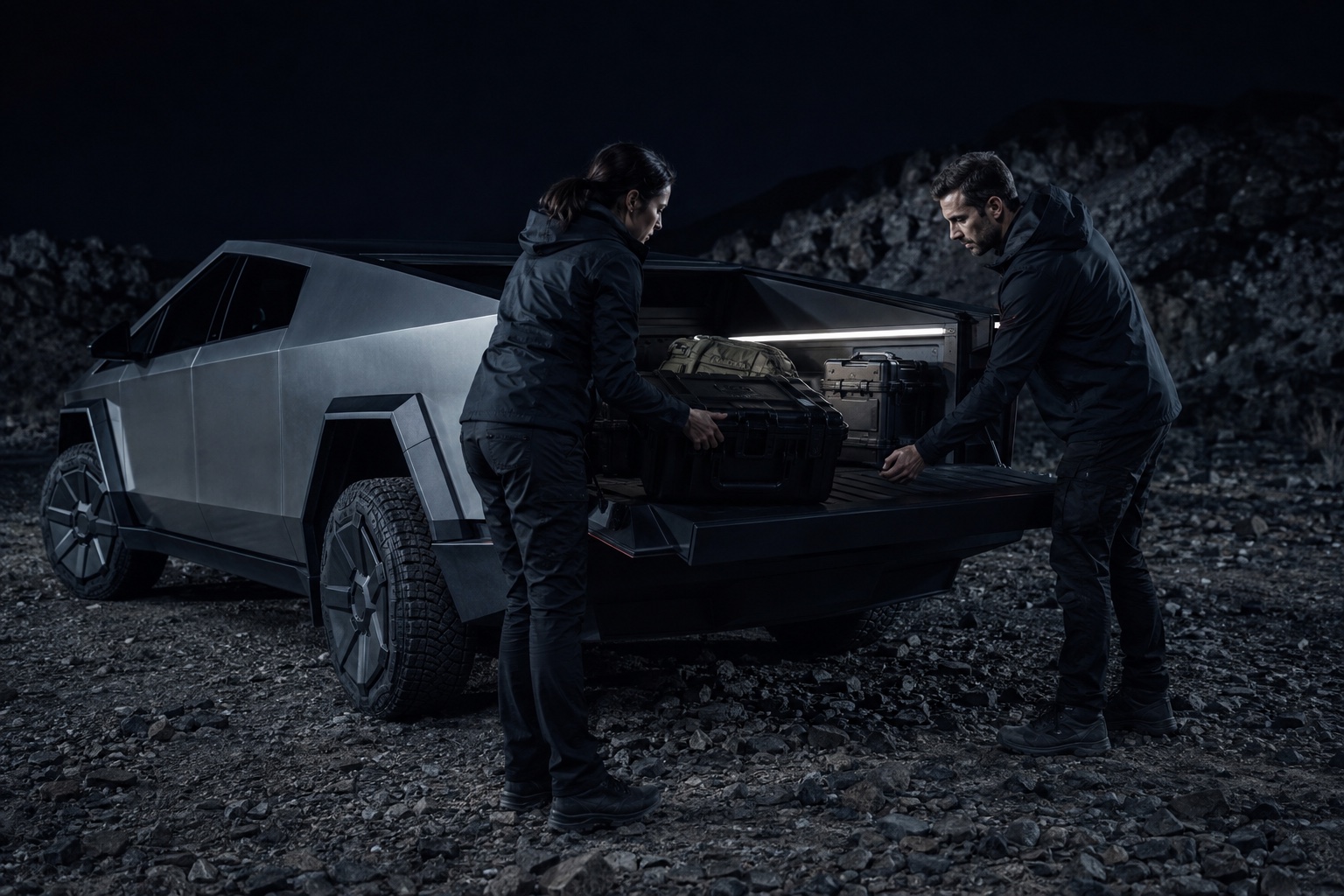 Two builders loading rugged tool cases into a Cybertruck in a rocky landscape