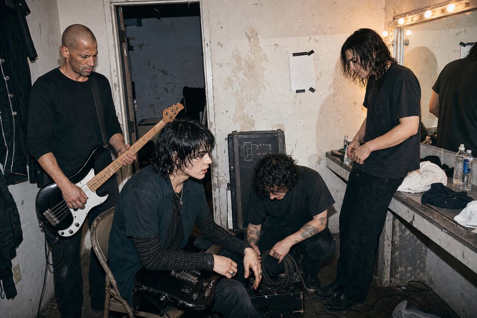 The four members of Asher catching their breath together in a cramped backstage room
