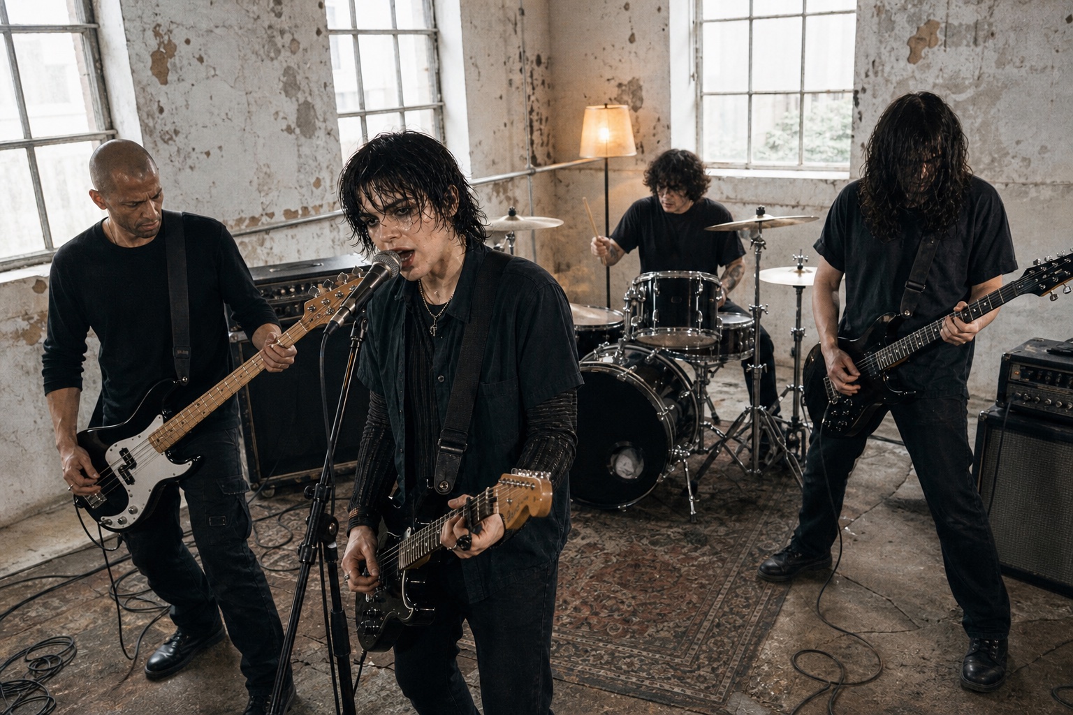Asher performing together in a worn rehearsal room, surrounded by amplifiers and cables