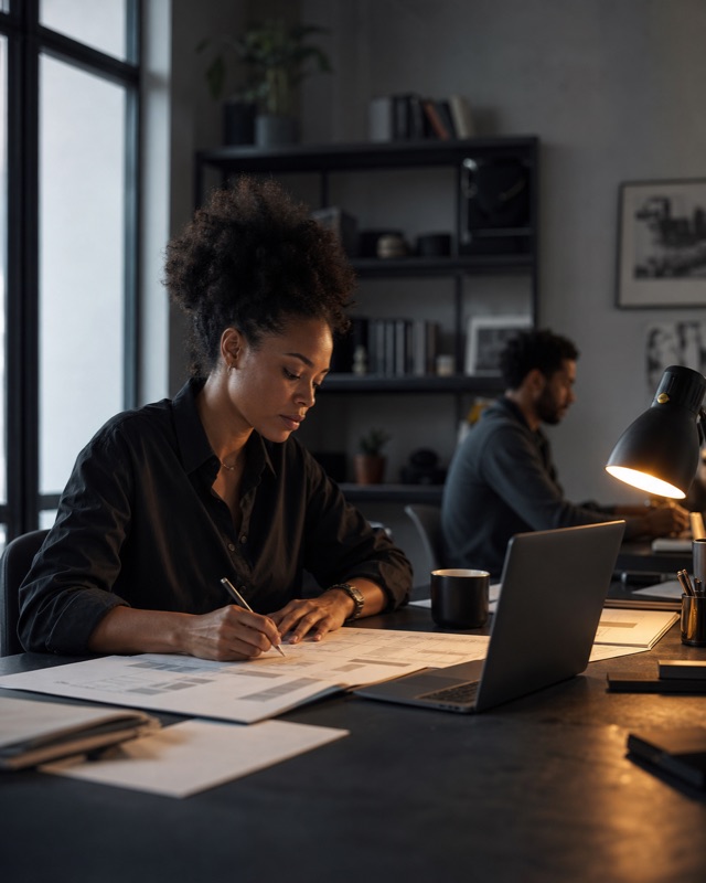A product lead reviewing a paper project timeline at a dark studio desk.