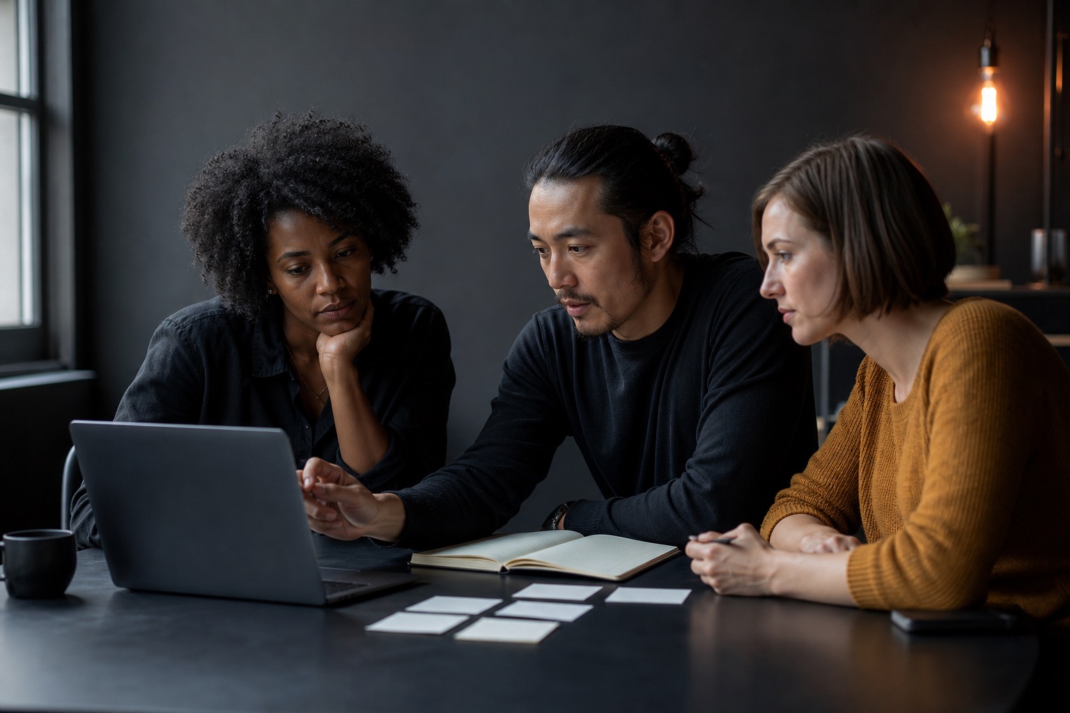 Three product teammates in a focused planning session around a laptop and paper task cards.