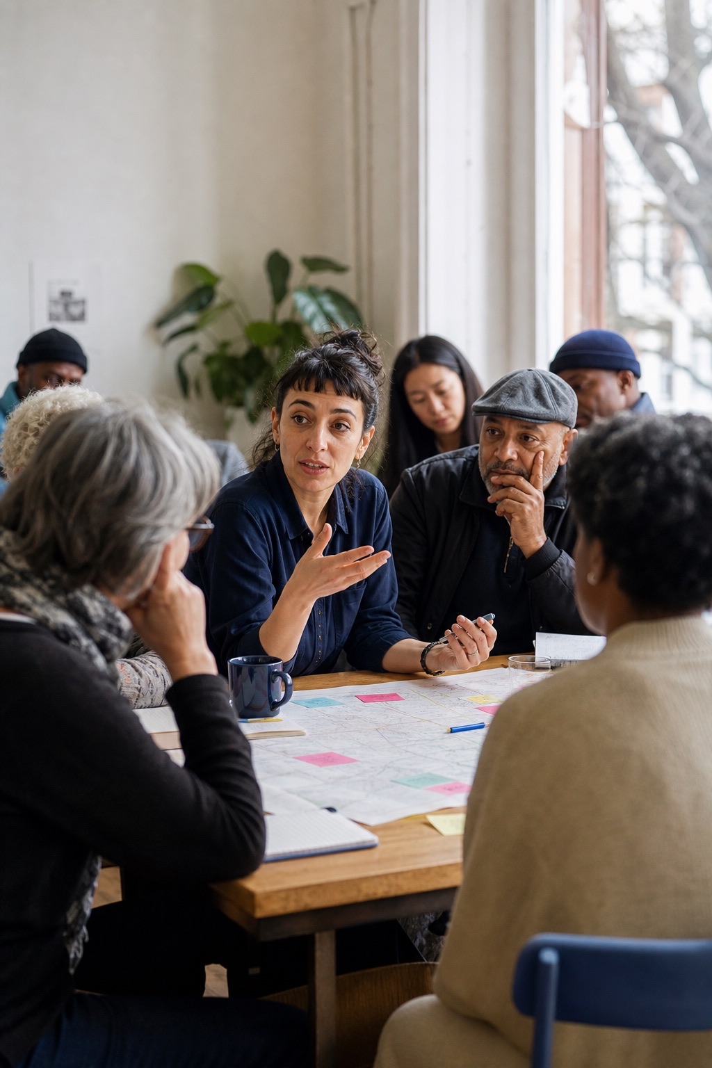 A researcher facilitating a neighborhood roundtable discussion