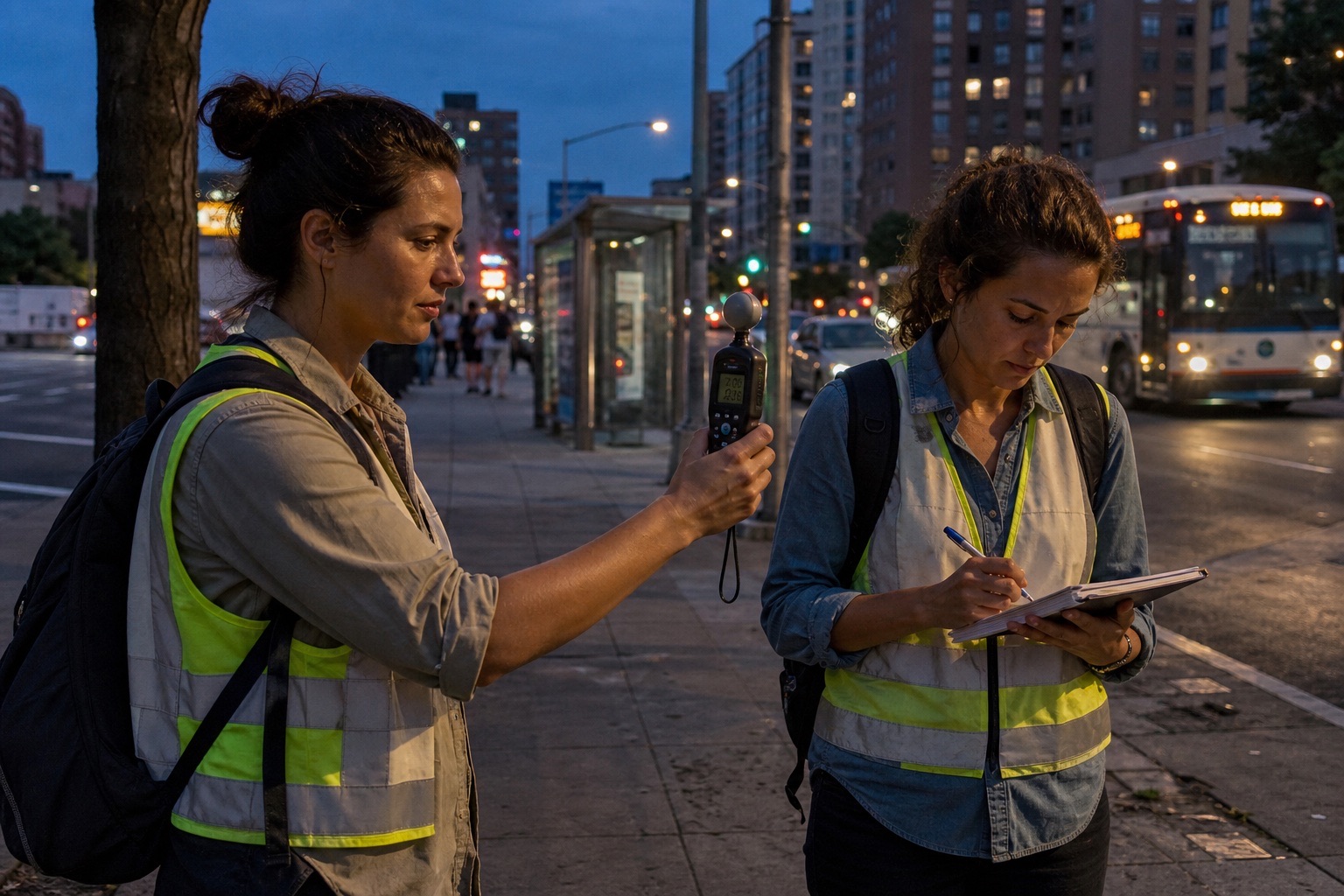 Two researchers measuring environmental conditions on a city street at dusk
