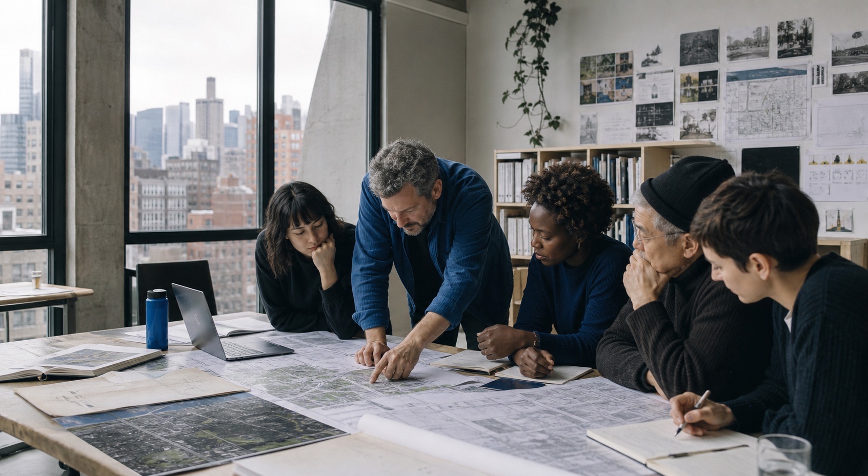 Urban researchers reviewing maps together in a city studio