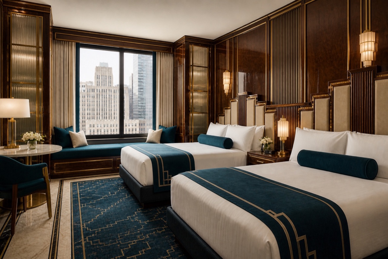 Art Deco double room with twin stepped headboards, lacquered walnut walls, teal textiles, and brass inlay