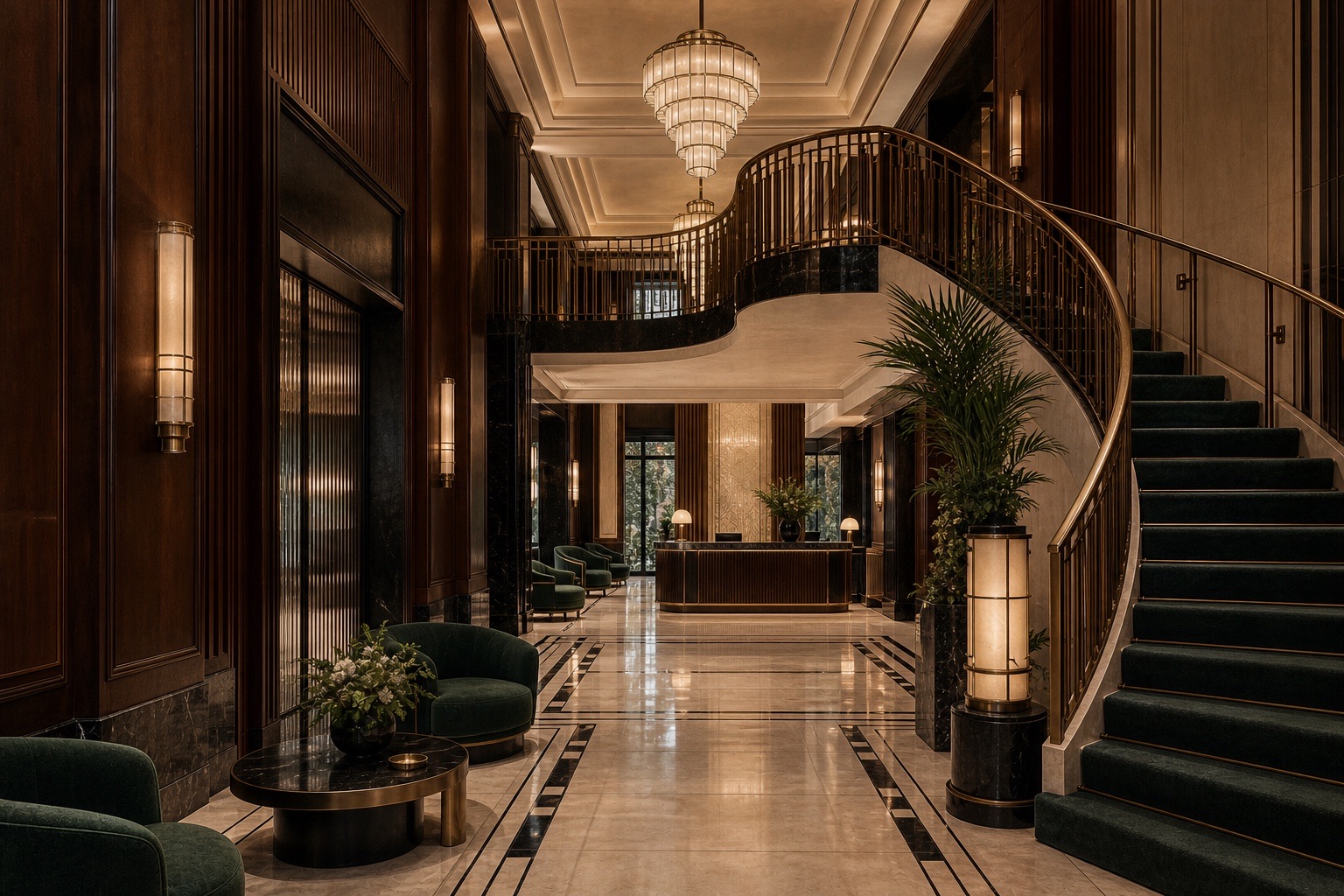 Grand Art Deco hotel lobby with a curved bronze stair, tiered chandeliers, marble inlay, and green velvet seating