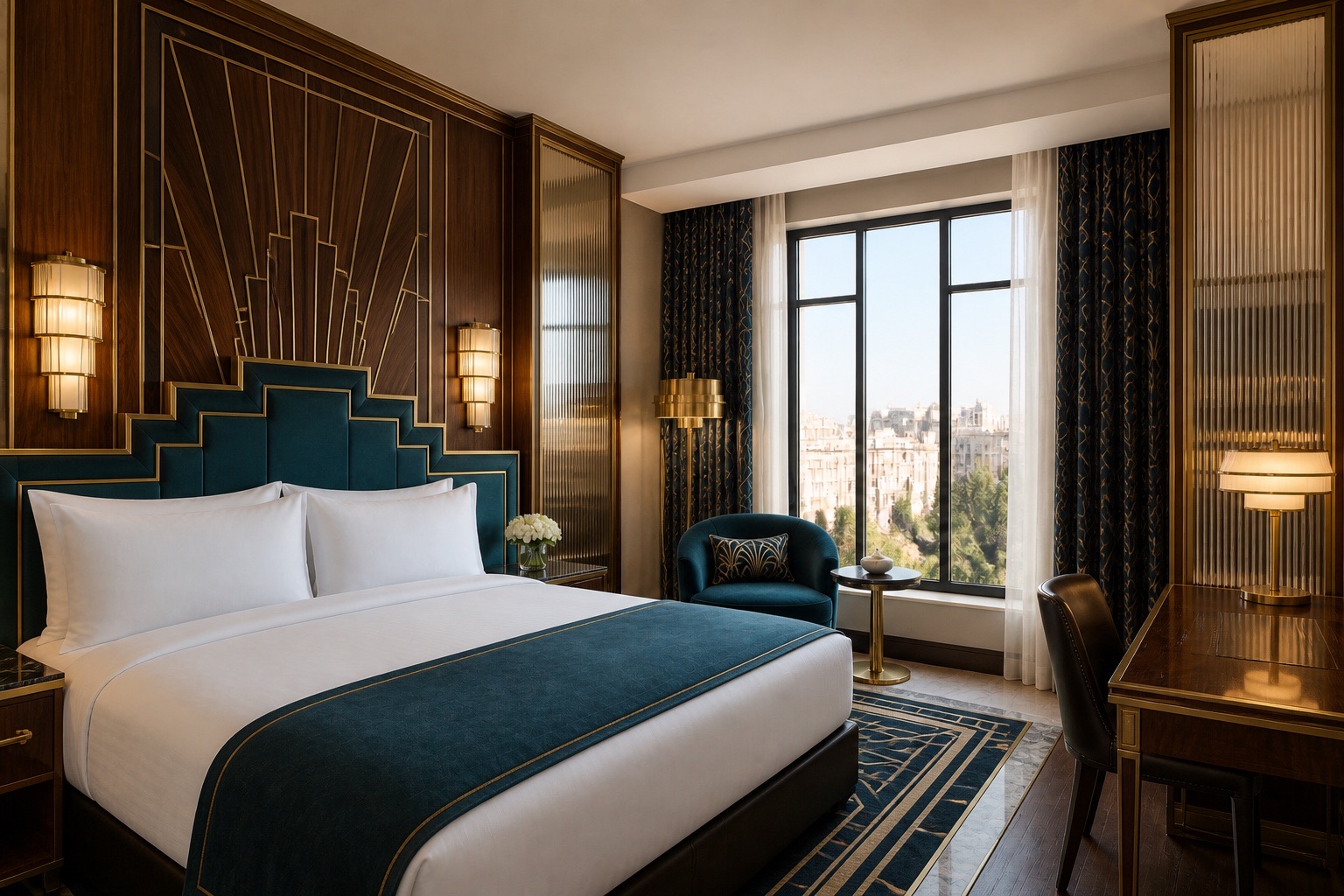 Art Deco king room with a stepped teal headboard, walnut marquetry, fluted glass, and brass lighting