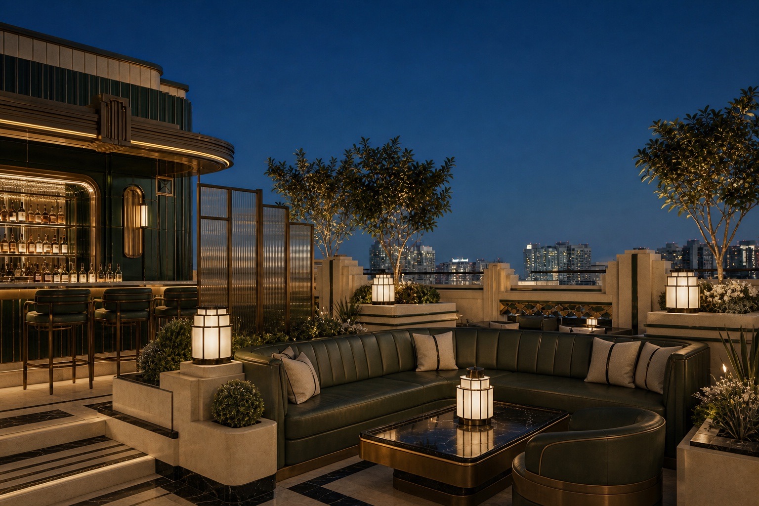 Art Deco rooftop terrace with stepped stonework, green upholstery, and opaline lanterns at blue hour