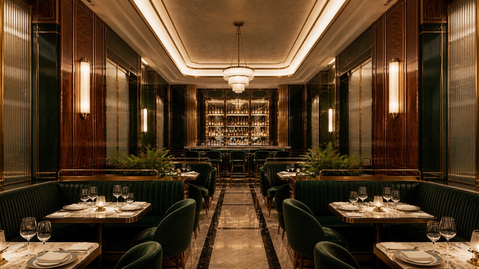 Symmetrical Art Deco dining room with deep-green banquettes, fluted glass, brass inlay, and a marble floor