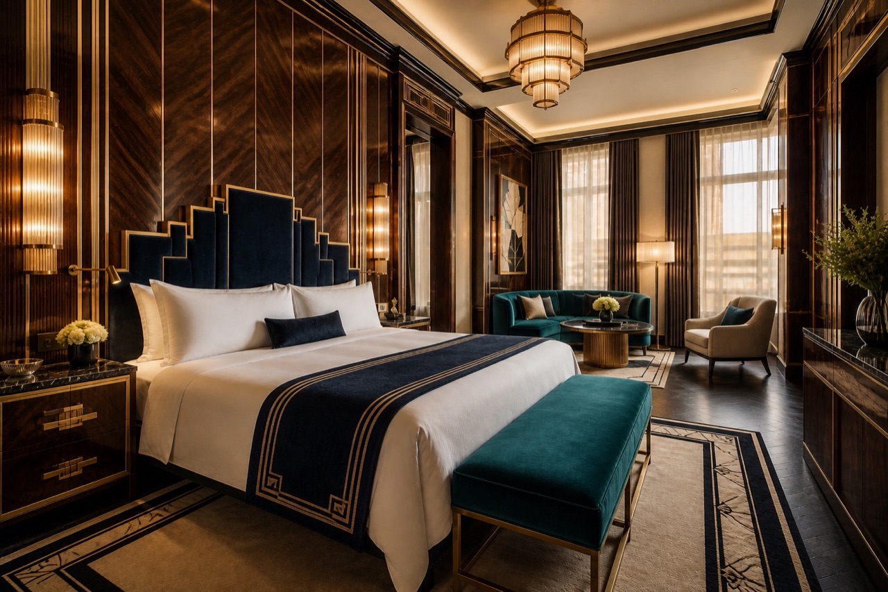 Art Deco suite with a stepped navy headboard, bookmatched walnut panels, tiered lighting, and green lounge seating