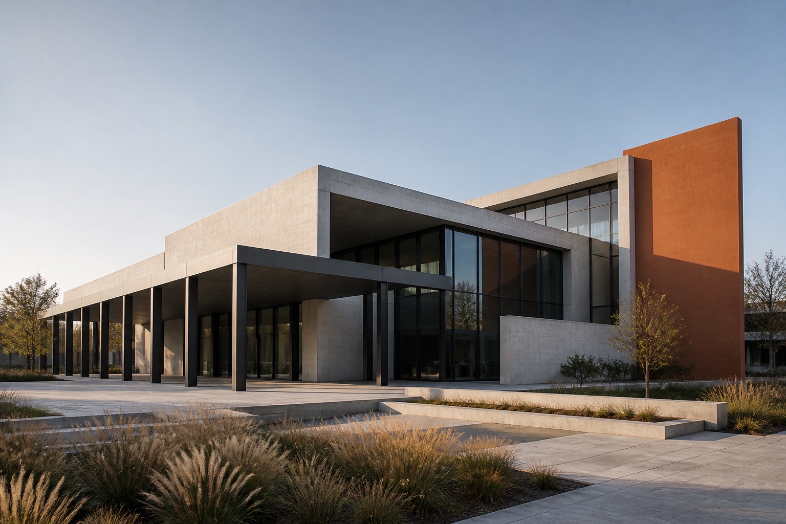 Atrium Arts Center, a fictional contemporary cultural pavilion with concrete volumes, glass walls, and a burnt-orange facade