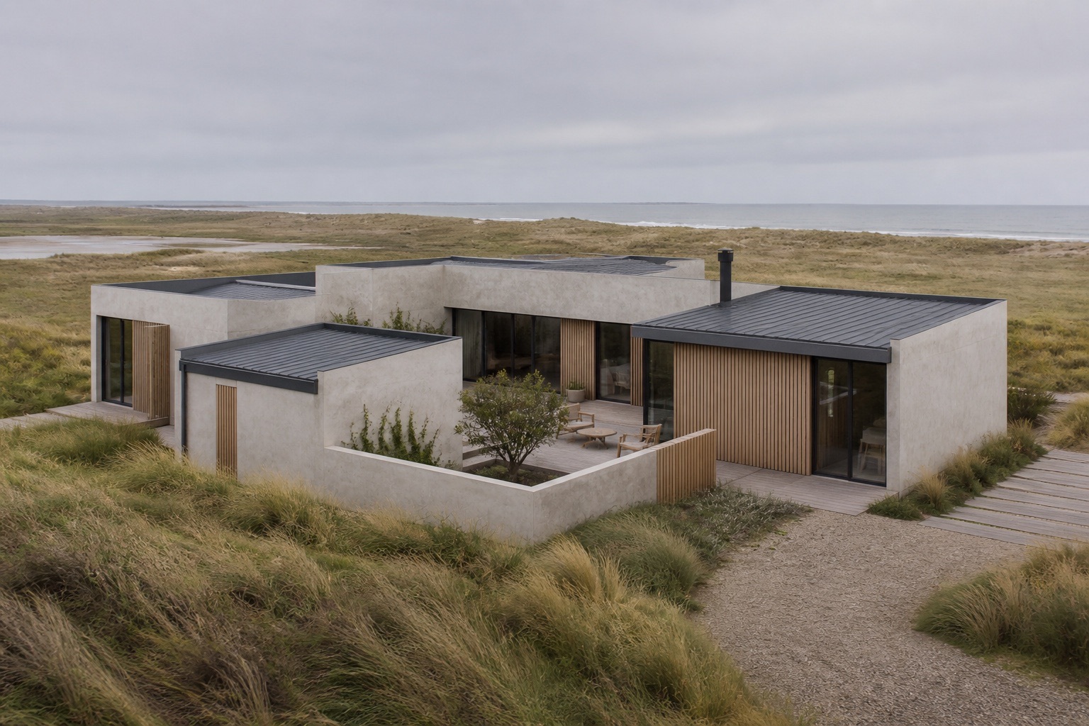 Fictional low coastal residence organized around a sheltered planted courtyard