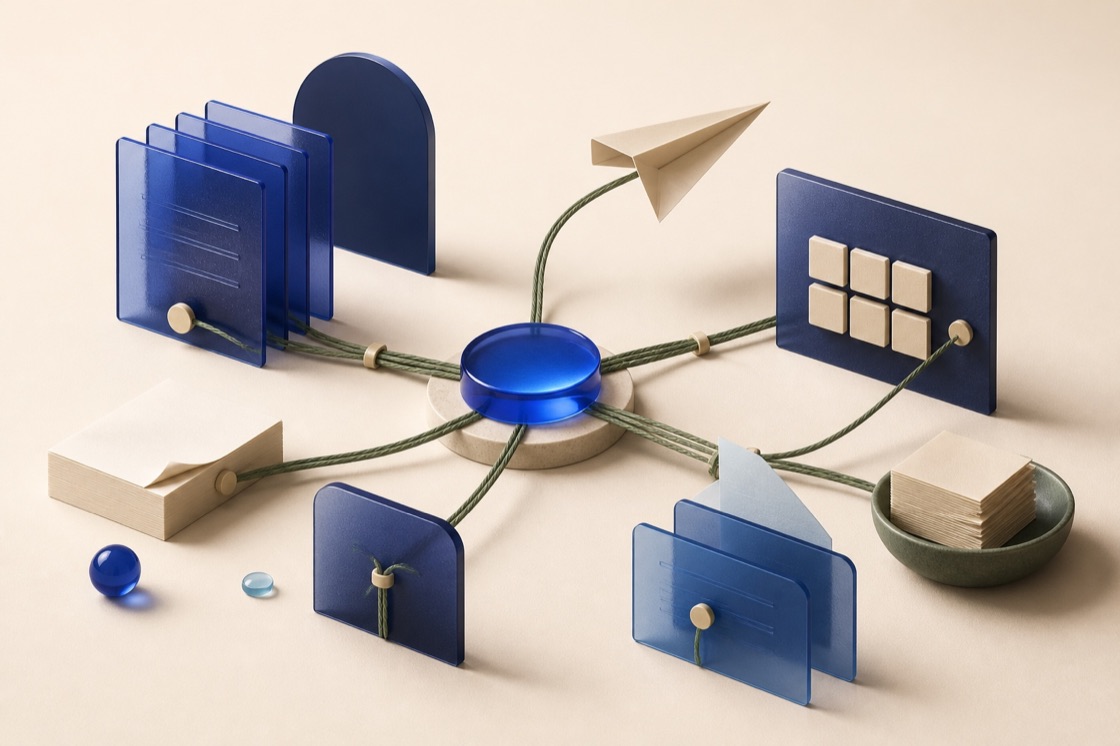 Tactile blue panels, documents, and green threads converging around one shared hub