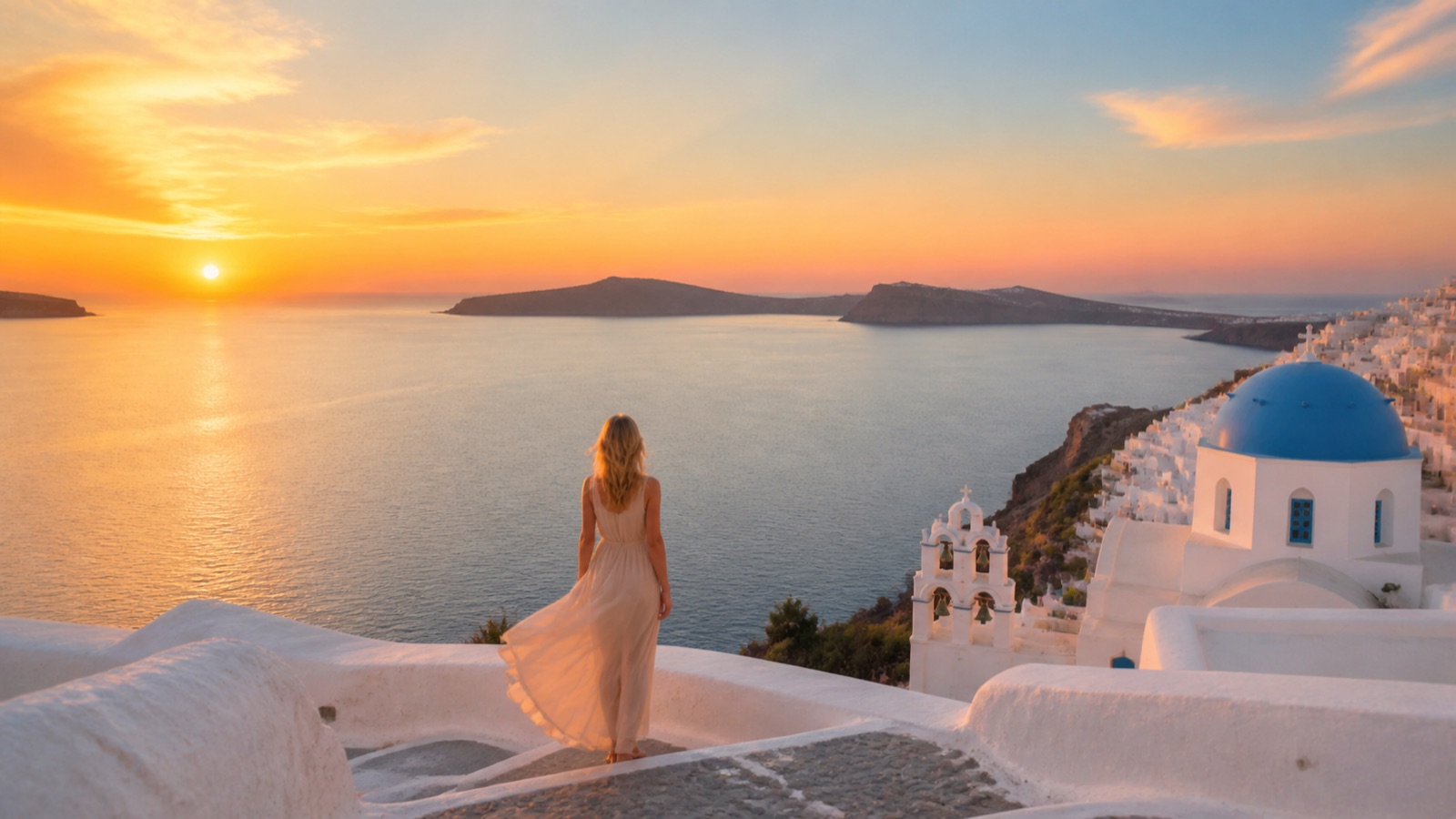 A woman overlooking the Santorini caldera at sunset