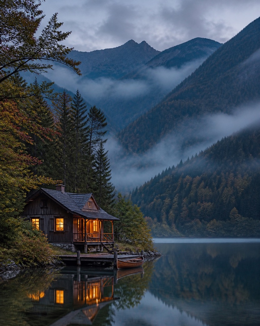 A cedar cabin beside a misty mountain lake in Japan