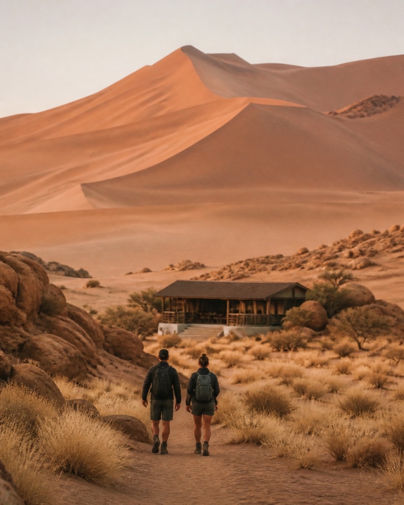 Two travelers approaching a lodge beneath Namibian dunes