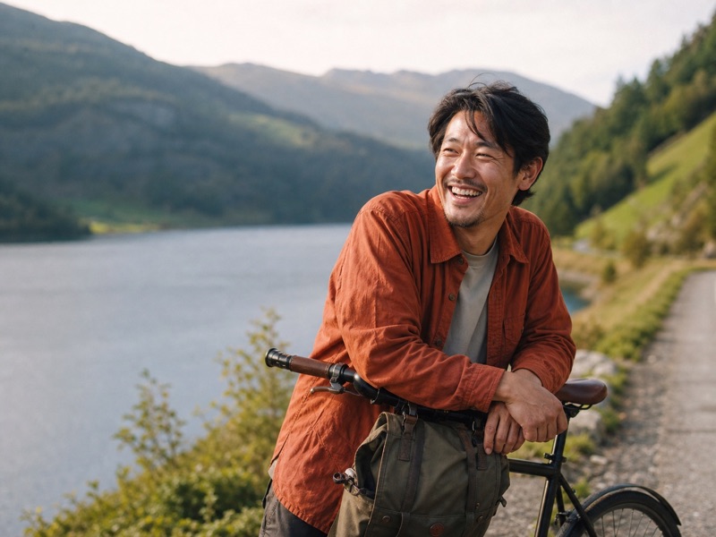 Kenji resting beside a bicycle near a lake