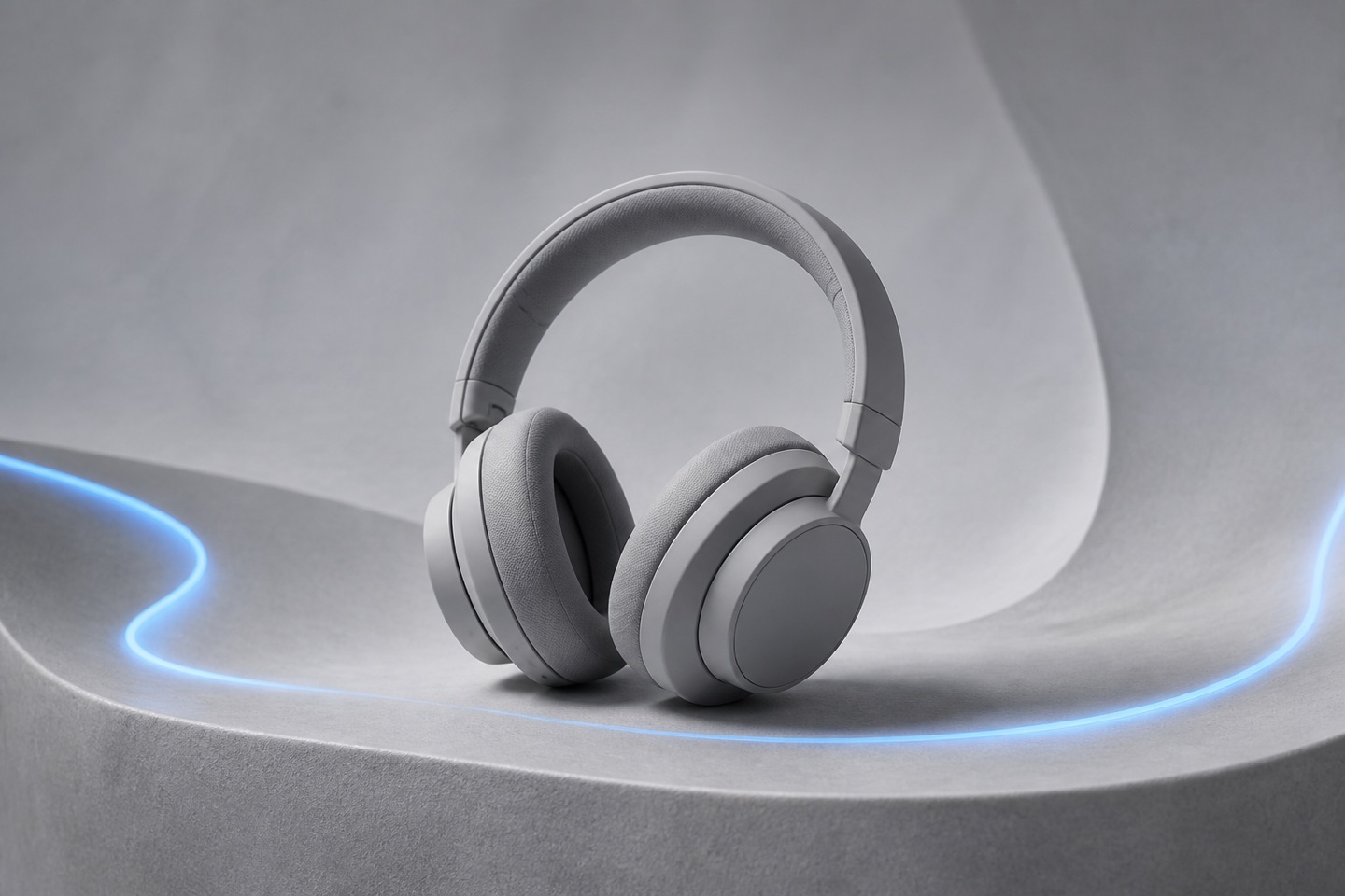 Matte headphones staged on a soft gray sculpted surface with a restrained blue acoustic accent