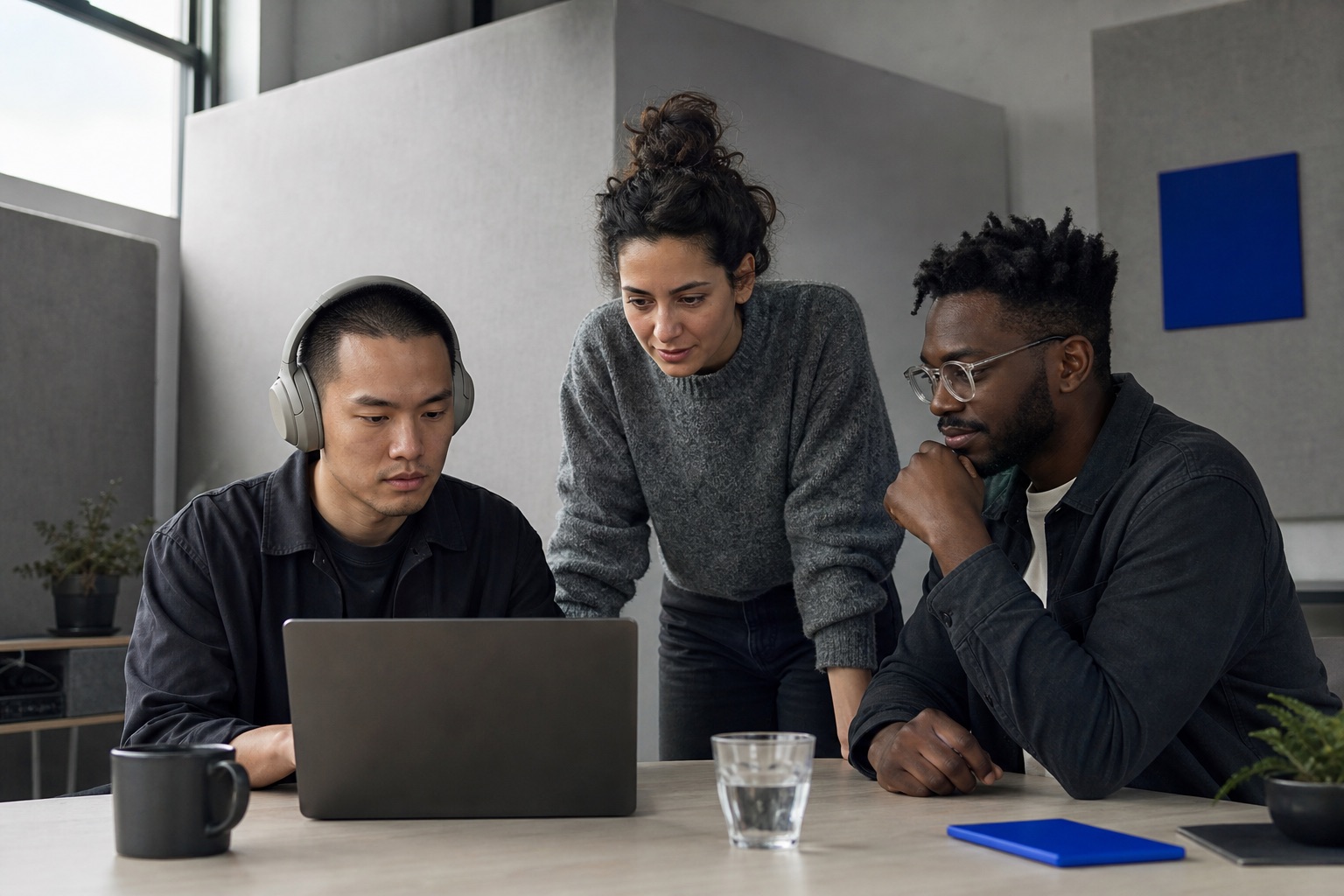 A diverse product team collaborating calmly in a modern studio while one teammate listens with headphones