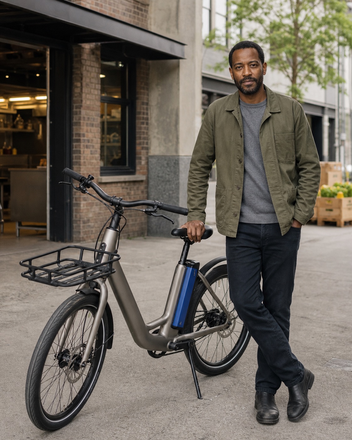 Jonas standing with a silver step-through cargo bicycle outside a neighborhood food hall