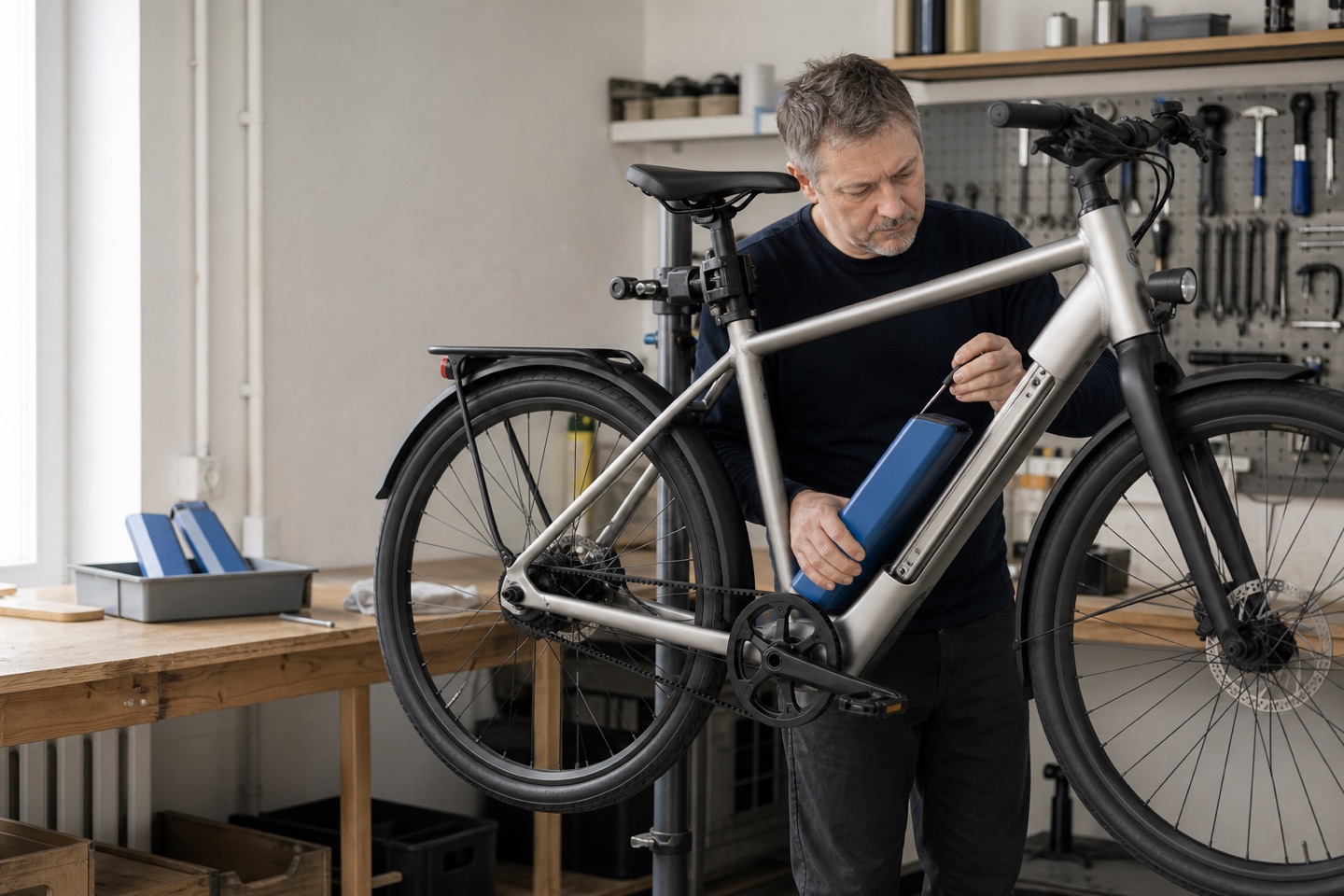 A bicycle mechanic servicing the removable blue battery on a silver Shift bicycle