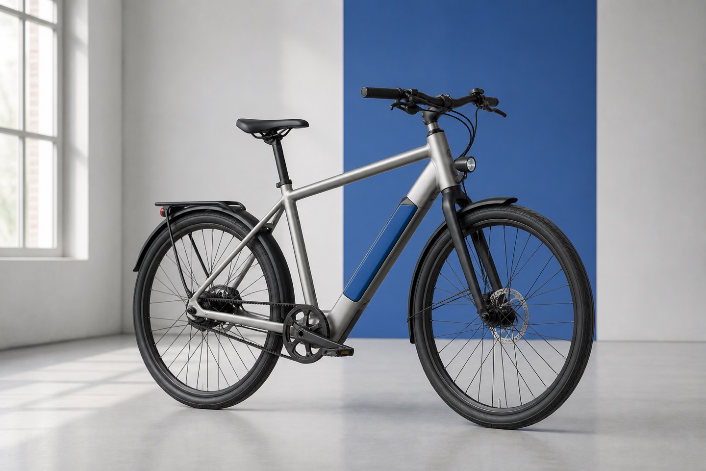 Warm-silver Shift One electric bicycle with cobalt battery module in a bright studio