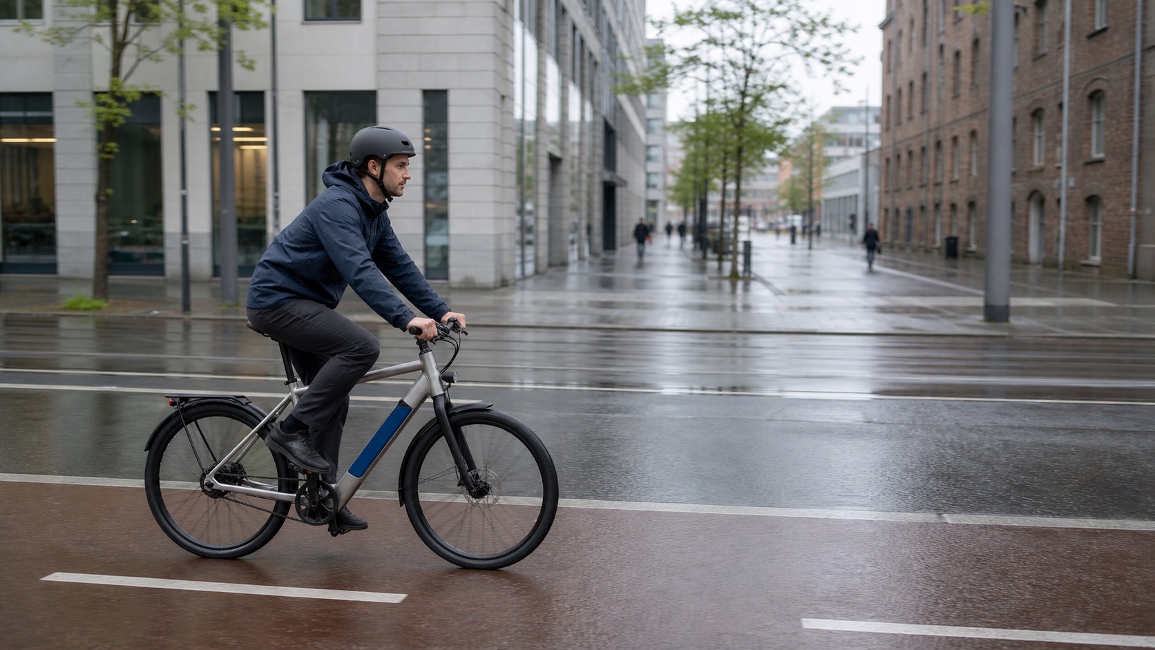 A rider on a silver Shift bicycle crossing a damp protected bike lane in a quiet city